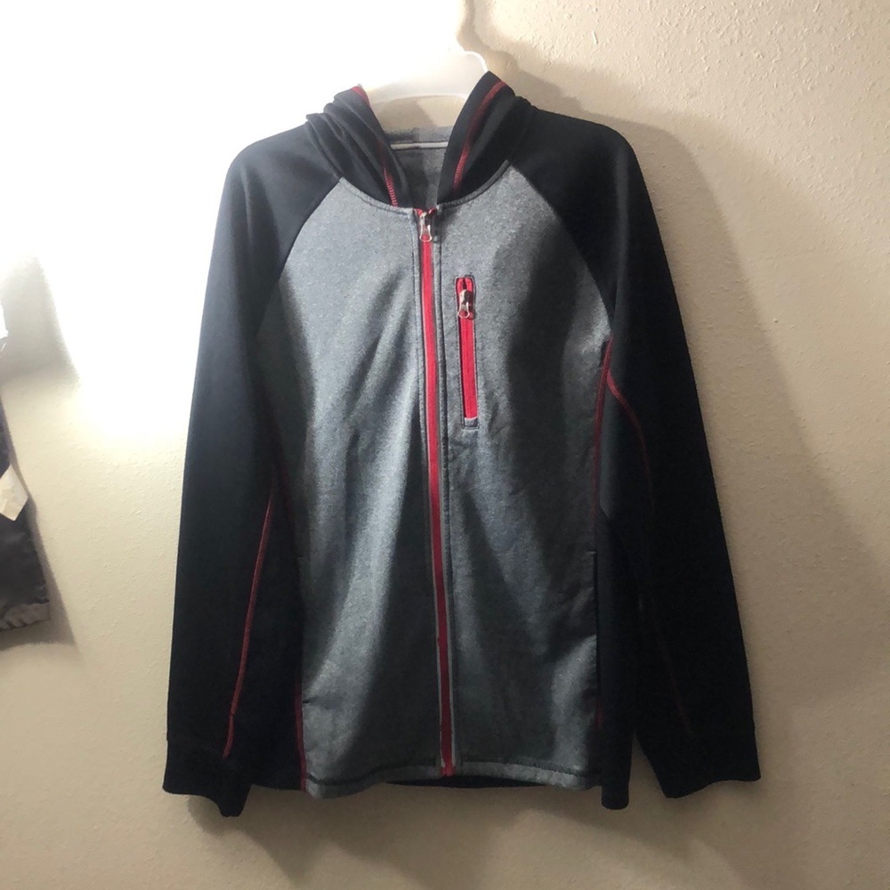 Gray and Black Hooded Jacket with Red Accents